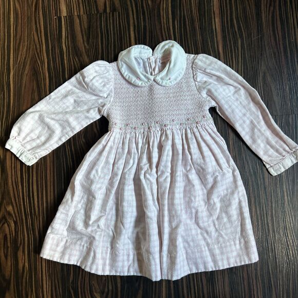 Vintage SOPHIE DESS Girls Smocked Dress Sz 2T Tie Back Pink Pattern Long Sleeve - Picture 1 of 6